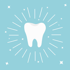 Healthy white tooth icon. Round line circle. Shining effect with stars. Oral dental hygiene. Children teeth care. Blue background. Isolated. Flat design.