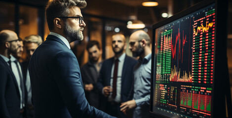 A broker stands in front of a chart and analyzes the price movements