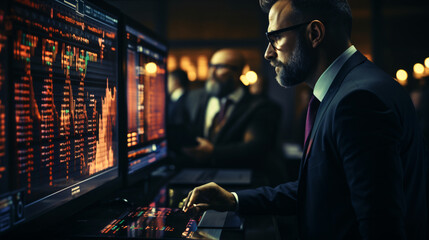 A broker stands in front of a chart and analyzes the price movements - obrazy, fototapety, plakaty