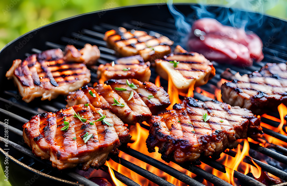 Wall mural grilled meat steak on stainless grill depot with flames on dark background. barbecue or bbq, food an