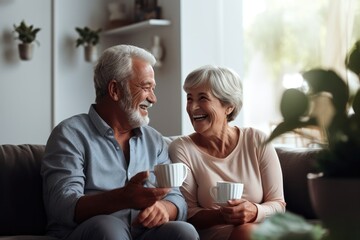 Contented elderly couple enjoying togetherness at home, drinking tea and sharing smiles and love. - Powered by Adobe