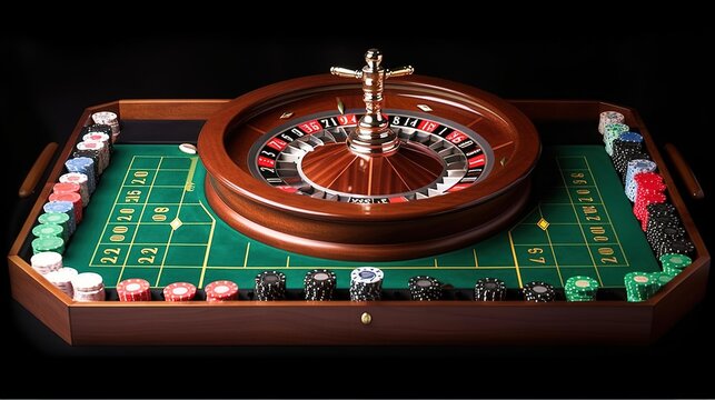 Casino roulette wheel with casino chips on green table isolated