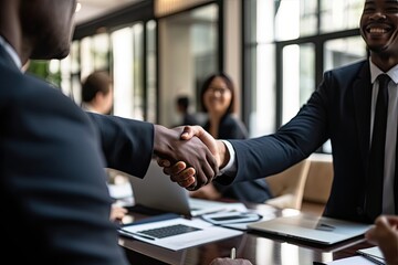 A successful business handshake symbolizing teamwork, cooperation and partnership in a professional office setting.
