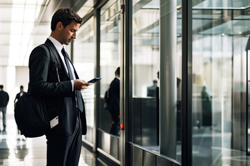  A confident businessman in a modern office using a smartphone reflects a successful and digitally savvy professional.