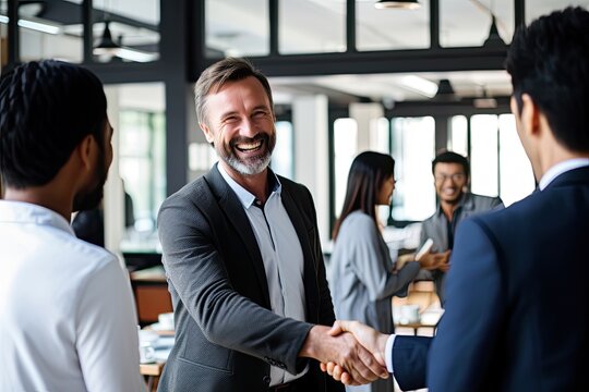 A successful business handshake in the office, symbolizing teamwork, agreement and cooperation between professionals.