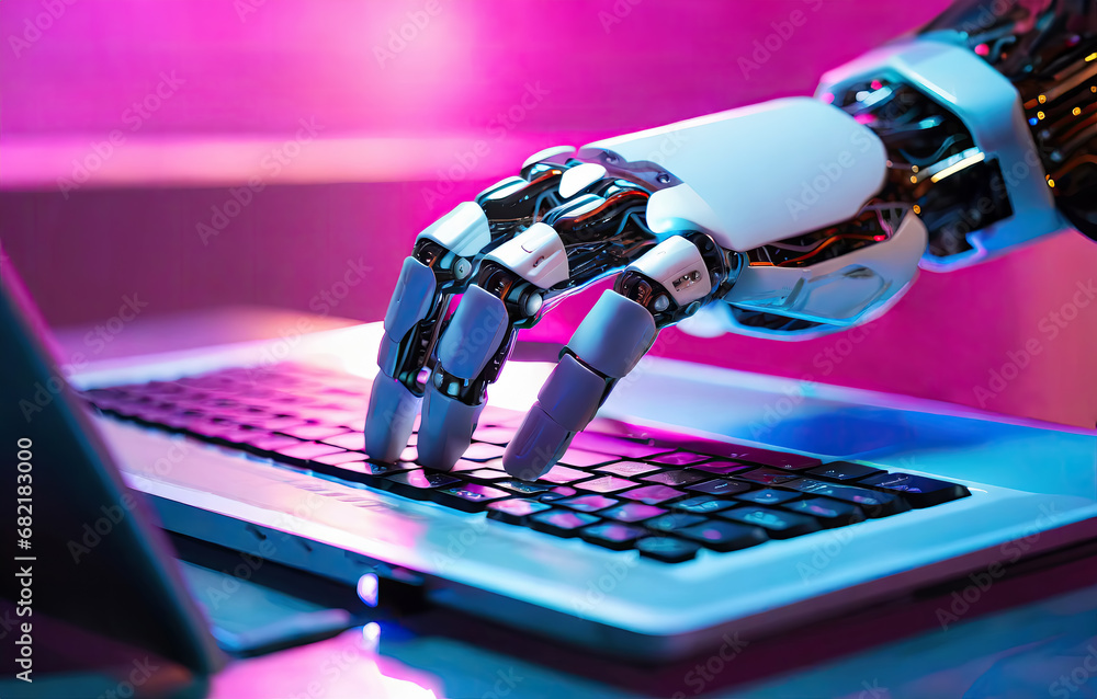 Poster close up view of a robot or cyborg hand touching a laptop keyboard..