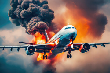 Illustration of a commercial airplane disaster and plane crash.