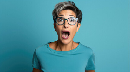 Young beautiful woman wearing elegant blue sweater and glasses and blue jacket over isolated background afraid and shocked with surprise expression, fear and excited face face with. - obrazy, fototapety, plakaty
