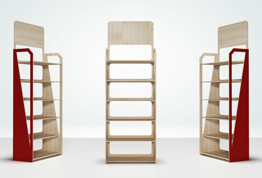 Modern product display shelf stand customize design. 3D illustration