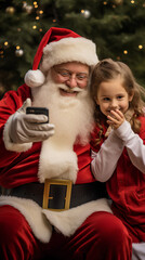 Santa Claus taking a selfie with children. Santa Claus with people taking a photo. Christmas Celebration with Santa Claus.