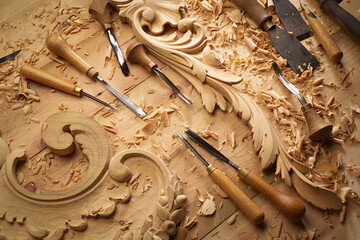 Hands of craftsman carve with a gouge in the hands on the workbench in carpentry. Wood carving...
