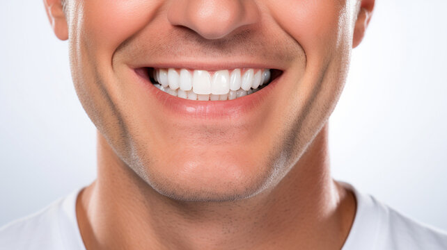 a Middle-aged handsome man model smiling with clean teeth, used for a dental ad isolated on white background