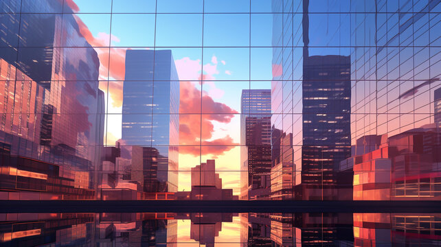 Reflective skyscrapers business office buildings in the morning