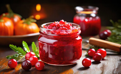 Cranberry sauce in a jar over a wooden table.