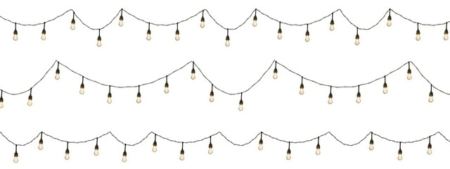 3d illustration of  string lights on a transparent background. Shining yellow bulbs make them perfect for Xmas, New Year, weddings, birthdays, and party decor. PNG.