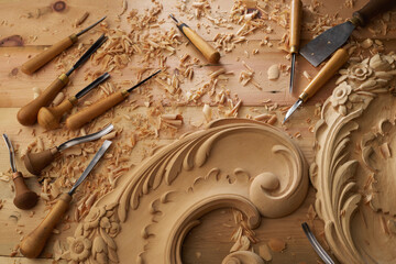 Professional tools on a wooden table in the workshop. Surface covered with sawdust. Carpenter working with tools close-up