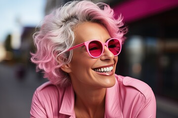 Fototapeta na wymiar Beautiful and gorgeous smiling, happy and pleasant woman with positive vibes. Human person dressed in fashionable, colorful and fun clothes. Generative AI, AI