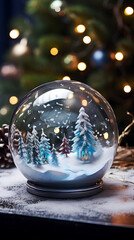 Fototapeta na wymiar Christmas glass ball. Crystal ball with water and Christmas scene. Crystal ball with snow, houses, trees, stars, christmas balls...