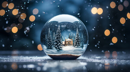 Fototapeta na wymiar Christmas glass ball. Crystal ball with water and Christmas scene. Crystal ball with snow, houses, trees, stars, christmas balls...