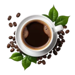 Papier Peint photo Café Top view of Cup of black coffee with beans and leaves on cutout PNG transparent background