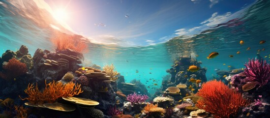 In Bali, amidst the tropical paradise, the breathtakingly beautiful underwater world unfolds, showcasing the vibrant, colorful sea life amongst the majestic coral reefs, as the lens captures the - obrazy, fototapety, plakaty