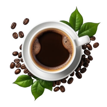Top view of Cup of black coffee with beans and leaves on cutout PNG transparent background