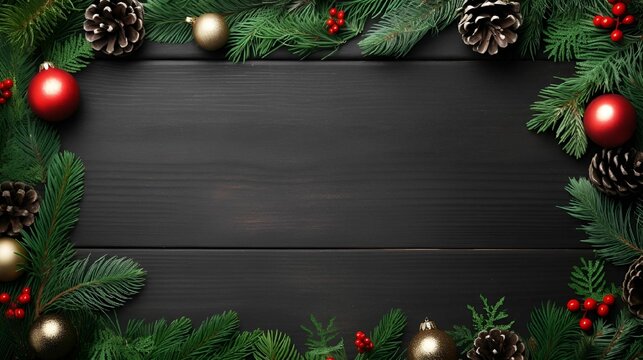 AI generated illustration of a festive Christmas tree frame on a wooden background