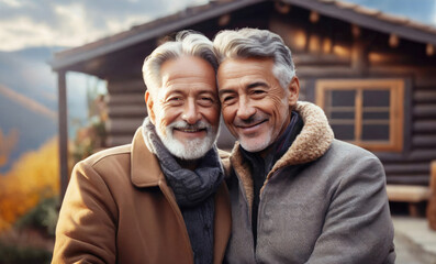 Senior gay couple in nature with wooden cabin background. - obrazy, fototapety, plakaty