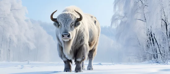 Fototapete Bison In the European park, amidst the winter snow and frost-covered trees, a majestic white bison traversed the forest, its hair blending with the pristine landscape. As a magnificent mammal of the