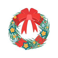 Obraz premium Christmas wreath with mistletoe berries and ribbon, bow. Winter holiday element.