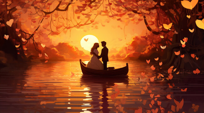 Couple lovers in park, under tree, in sunset Valentine's day illustration