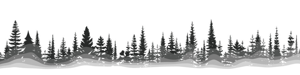 Coniferous forest, natural border, isolated on white background