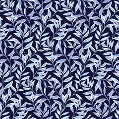 Abstract, modern, creative, artistic, garden leaves stem seamless pattern. Tapestry leaves seamless pattern on a dark blue  background. Vector hand drawn.