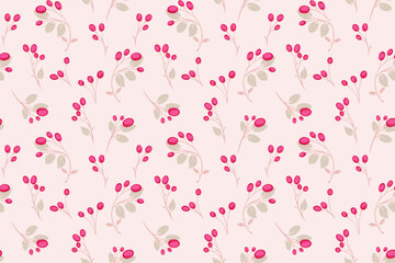 Seamless minimalist, simple, gently light pattern. Abstract tiny twigs leaves berries, with drops, dots, spots. Vector hand drawn. Template for textile, fashion, surface design fabric