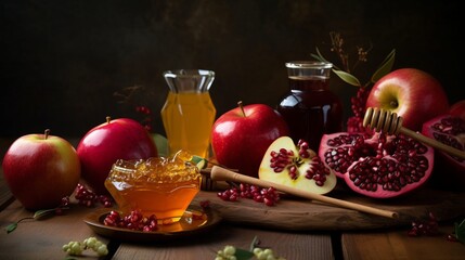 Rosh Hashana – Jewish New Year holiday celebration concept. Traditional symbols – pomegranate, apple, honey on the table