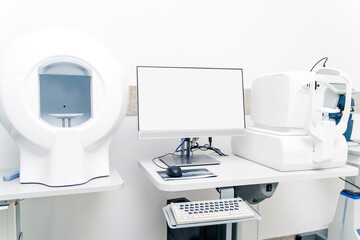 Ophthalmology medical equipment in clinic. Eyes examination