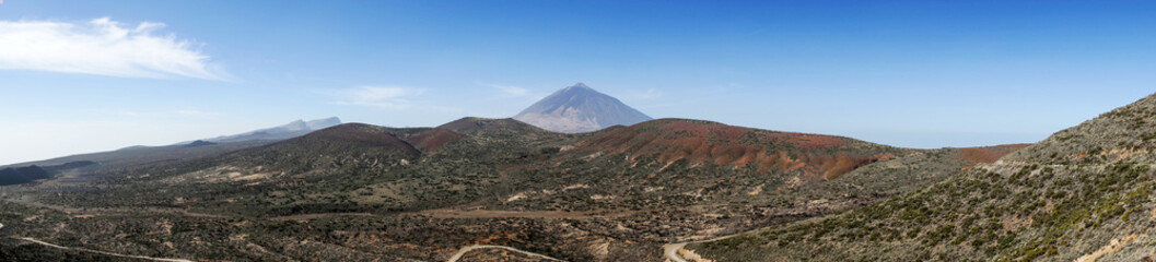 Panoramic wide close up view on volcano pico del teide highest spanish mountain in Tenerife Canary island. Spain