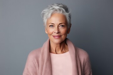 Fototapeta premium Portrait of a beautiful and gorgeous smiling, happy and pleasant woman with positive vibes. Human person dressed in fashionable, colorful and fun clothes. Generative AI, AI
