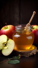 Rosh Hashana &ndash; Jewish New Year holiday celebration concept. Traditional symbols &ndash;apple and honey on the table