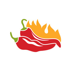 Chili pepper in fire vector illustration. Hot and spicy food symbol. Circle shape emblem, label, logo design template on white background