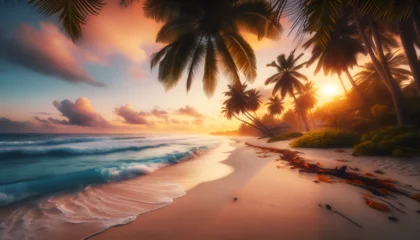 Schilderijen op glas Abandoned tropical beach at sunrise, with gentle waves hitting the white sand. Palm trees framing the scene, with a colorful sky in the background © Johnny