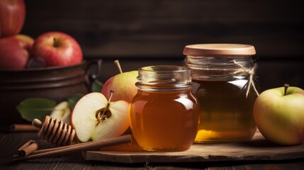 Rosh Hashana – Jewish New Year holiday celebration concept. Traditional symbols –apple and honey on the table
