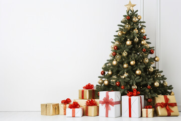 Fototapeta na wymiar decorated Christmas tree with gift boxes on white background