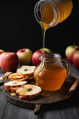 Rosh Hashana – Jewish New Year holiday celebration concept. Traditional symbols –apple and honey on the table
