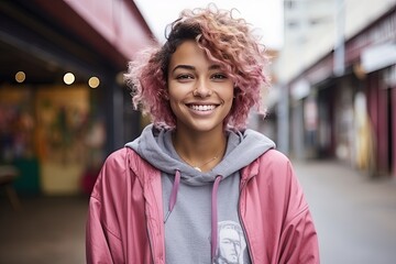 Portrait of a beautiful and gorgeous smiling, happy and pleasant woman with positive vibes. Human person dressed in fashionable, colorful and fun clothes. Generative AI, AI - obrazy, fototapety, plakaty