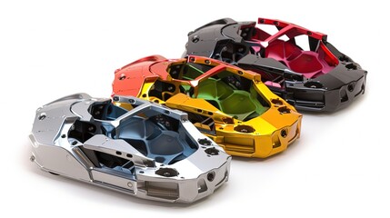Car brake disk calipers of different colors isolated on white ba