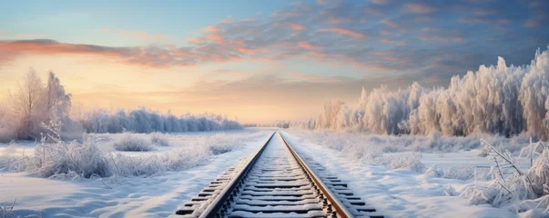 Fotobehang railway tracks in snowy winter landscape © krissikunterbunt