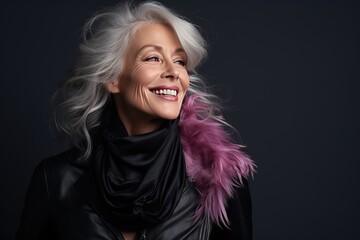 Portrait of a beautiful and gorgeous smiling, happy and pleasant woman with positive vibes. Human person dressed in fashionable, colorful and fun clothes. Generative AI, AI