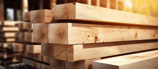 In the heart of the manufacturing industry, a timber mill constructs sturdy oak lumber boards from the finest hardwood, showcasing the intricate grain and rich texture of the deciduous wood. Leafs of - obrazy, fototapety, plakaty