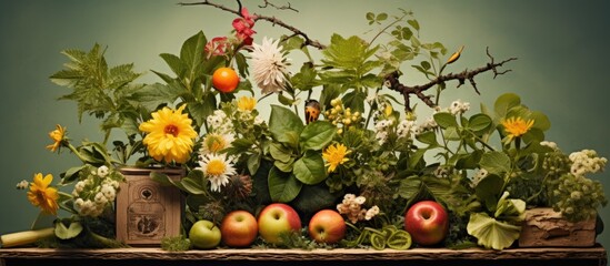 vintage wooden box, a collection of evergreen ferns, dandelions, and spring flowers created a beautiful nature collage as a backdrop for an apple tree, where a letter about gardening and the wonders